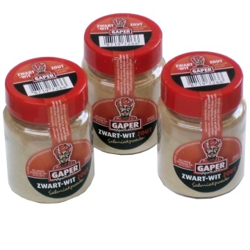 Gaper Schwartz Weiss salziges Pulver. (Lakritz Pulver) per stuk Gaper Schwartz Weiss salziges Pulver. (Lakritz Pulver) per stuk