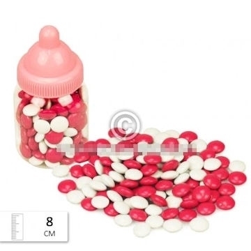 Babyflasche mit Schokolade Dragees rosa und weiß